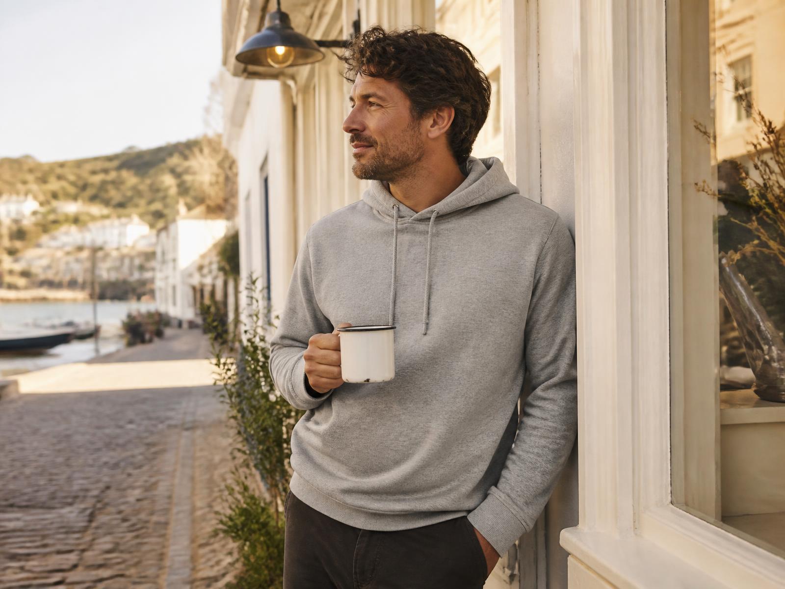 A customer wearing branded merchandise outside a local shop